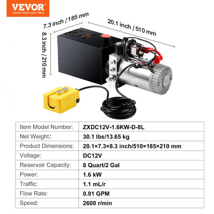 ZXDC12V-1.6KW-D-8L - 8 Quart Hydraulic Pump, 3200 PSI Power Unit