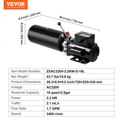 ZXAC220V-2.2KW-D-10L - VEVOR 10L Hydraulic Pump with 2.2kW Motor for Heavy Lifting
