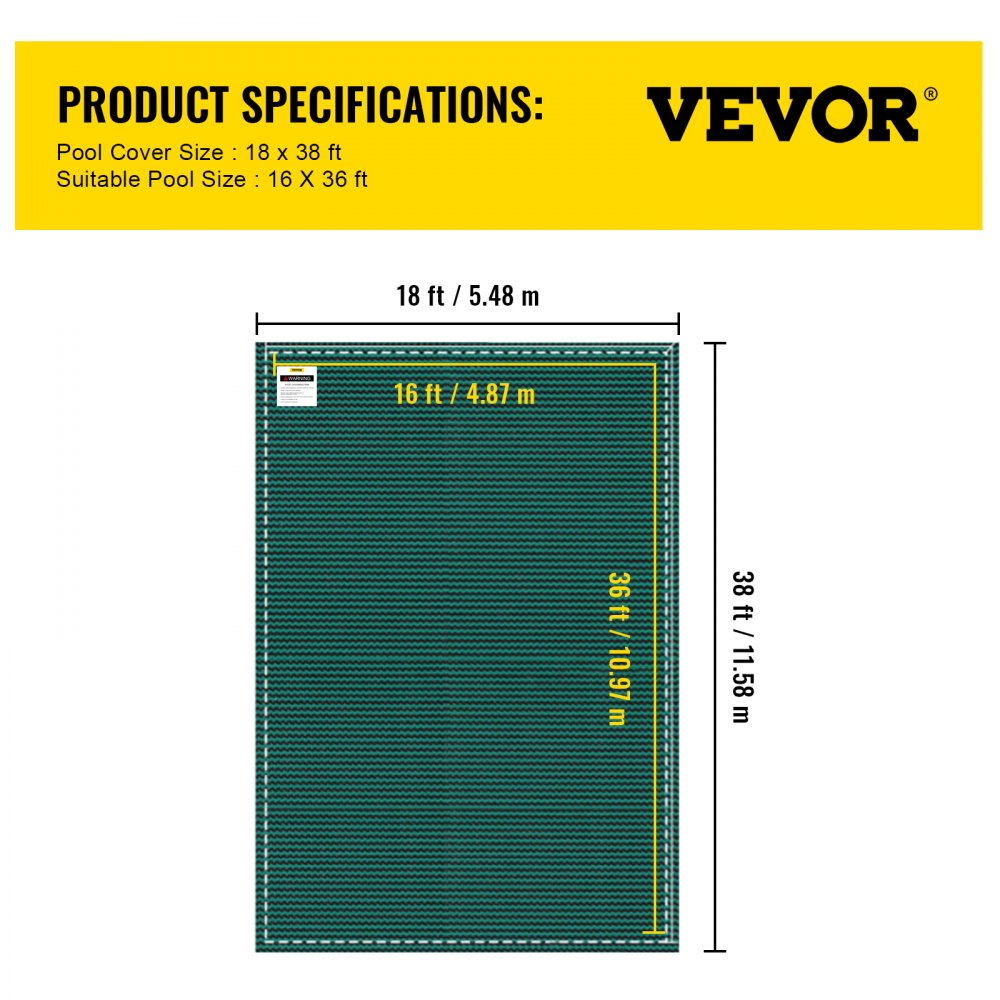 16FTX36FT - Durable 16x36ft VEVOR Pool Cover with Safety System