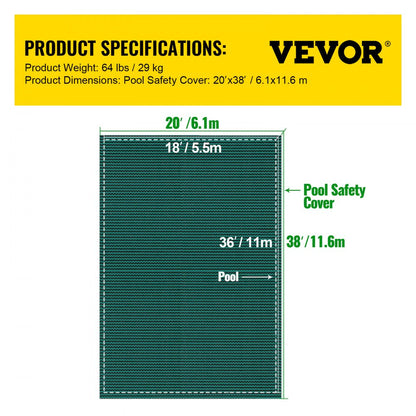 18FTX36FT - Durable Green Mesh Safety Cover for 20x38 ft Inground Pool