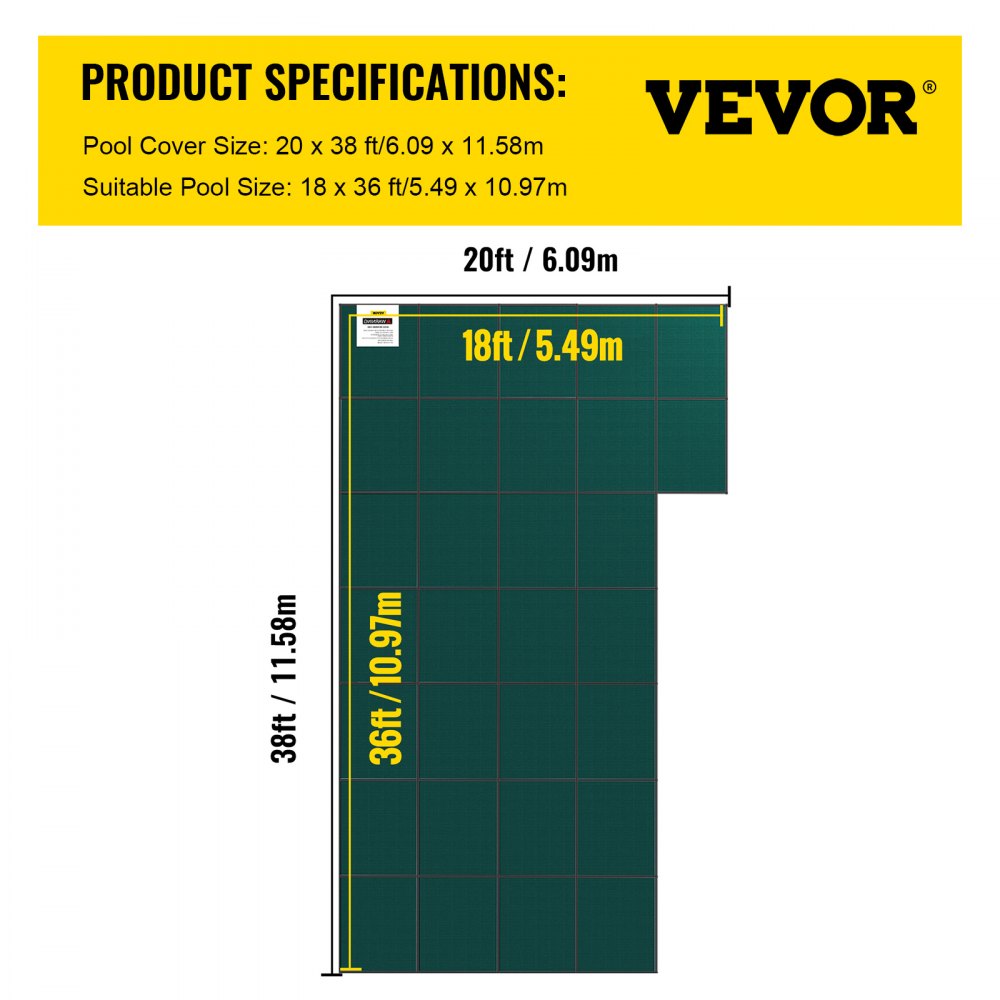YYCM-7455 - Durable 20x38 ft VEVOR Pool Safety Cover with Installation Hardware