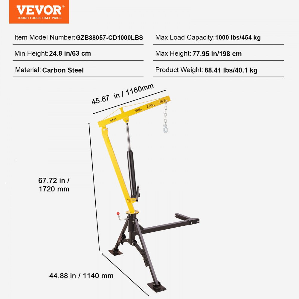 GZB88057-CD1000LBS - 1000 lbs VEVOR Hydraulic Pickup Crane with 360° Swivel