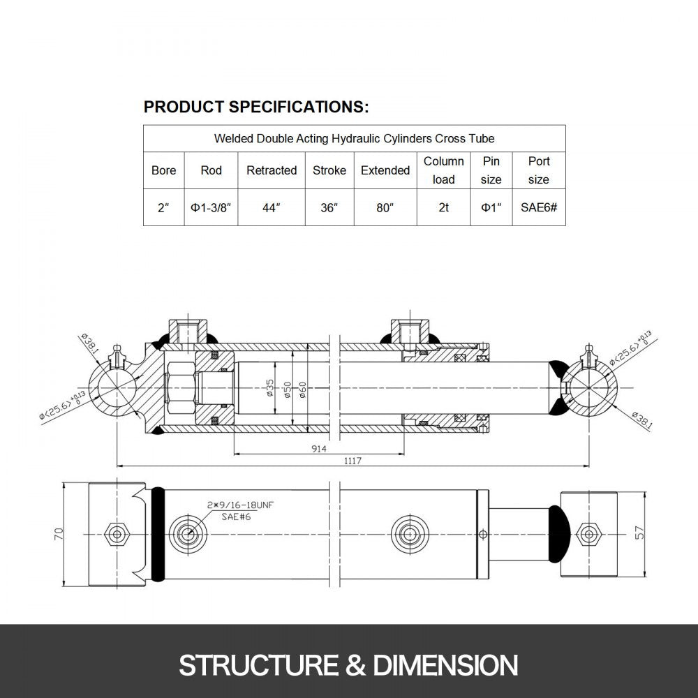 010225840679 - 36" Hydraulic Cylinder, 2" Bore, Double Acting Ram