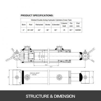 010225840679 - 36" Hydraulic Cylinder, 2" Bore, Double Acting Ram