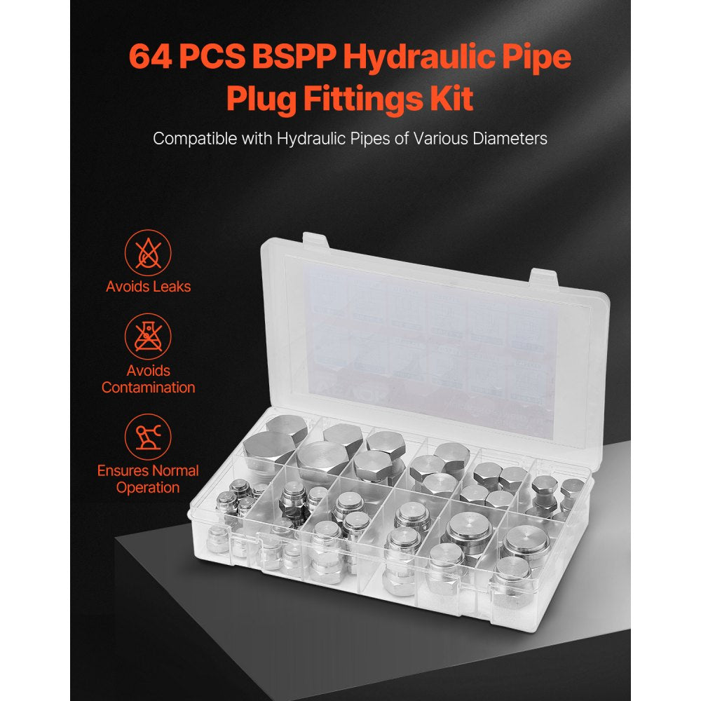 BSPP 64PCS-SS - 64-Piece Galvanized Hydraulic Fitting Kit for Easy Connections