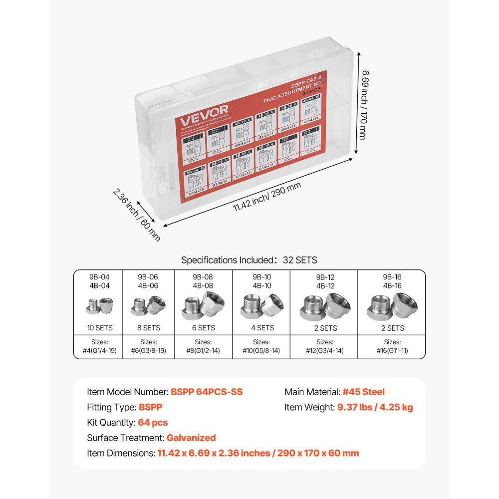 BSPP 64PCS-SS - 64-Piece Galvanized Hydraulic Fitting Kit for Easy Connections