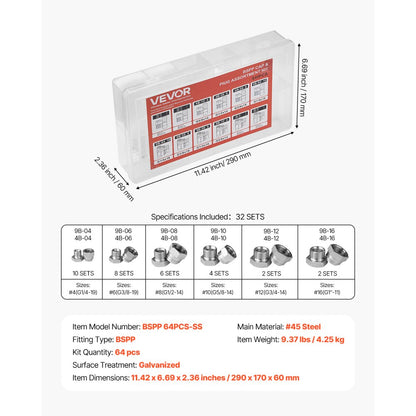 BSPP 64PCS-SS - 64-Piece Galvanized Hydraulic Fitting Kit for Easy Connections