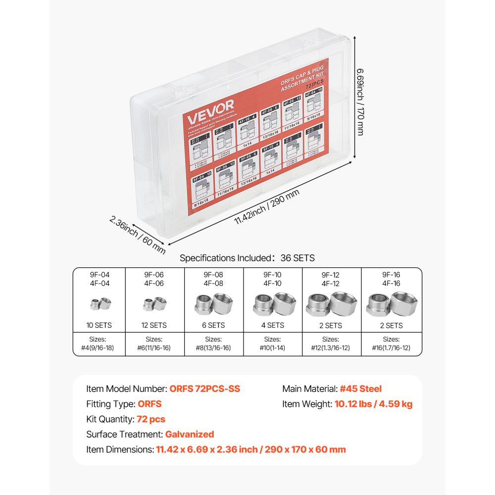 ORFS 72PCS-SS - 72-Piece Galvanized Steel Hydraulic Fittings Kit with Storage