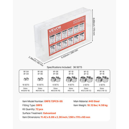 ORFS 72PCS-SS - 72-Piece Galvanized Steel Hydraulic Fittings Kit with Storage