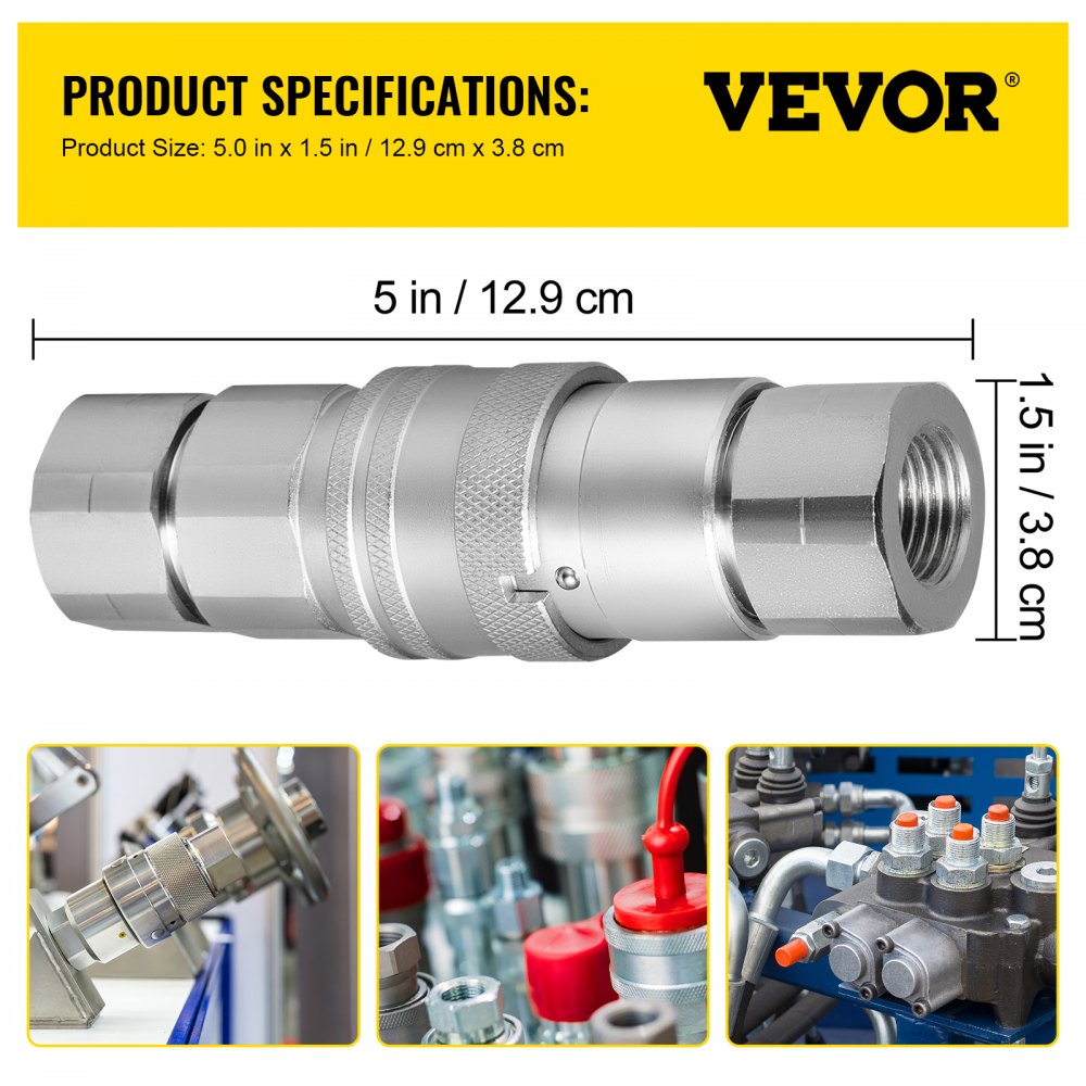 VEVOR 1/2" Hydraulic Coupler - Durable Steel Quick Connect, High Compatibility