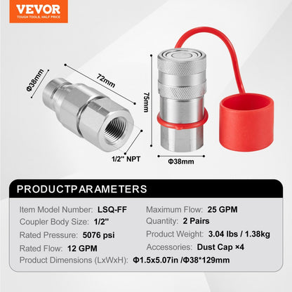 LSQ-FF - 1/2" Flat Face Hydraulic Couplers for High Pressure, 5076 PSI