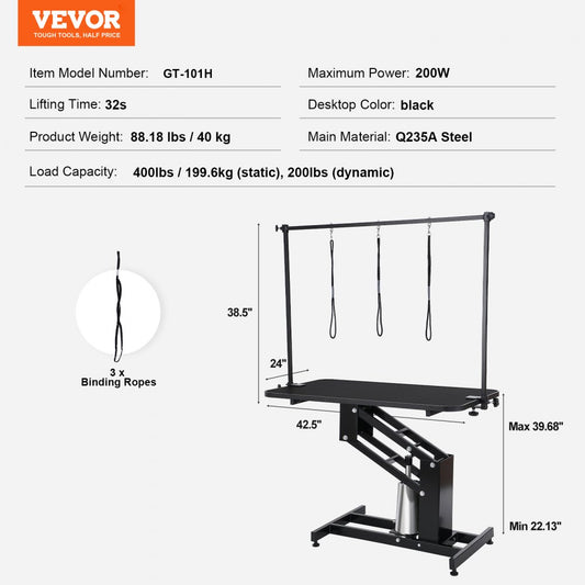 GT-101H - 43" Heavy-Duty Hydraulic Grooming Table, 400LBS Capacity