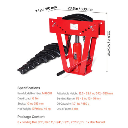 MR8081 - 16-Ton Hydraulic Pipe Bender with 8 Precision Dies