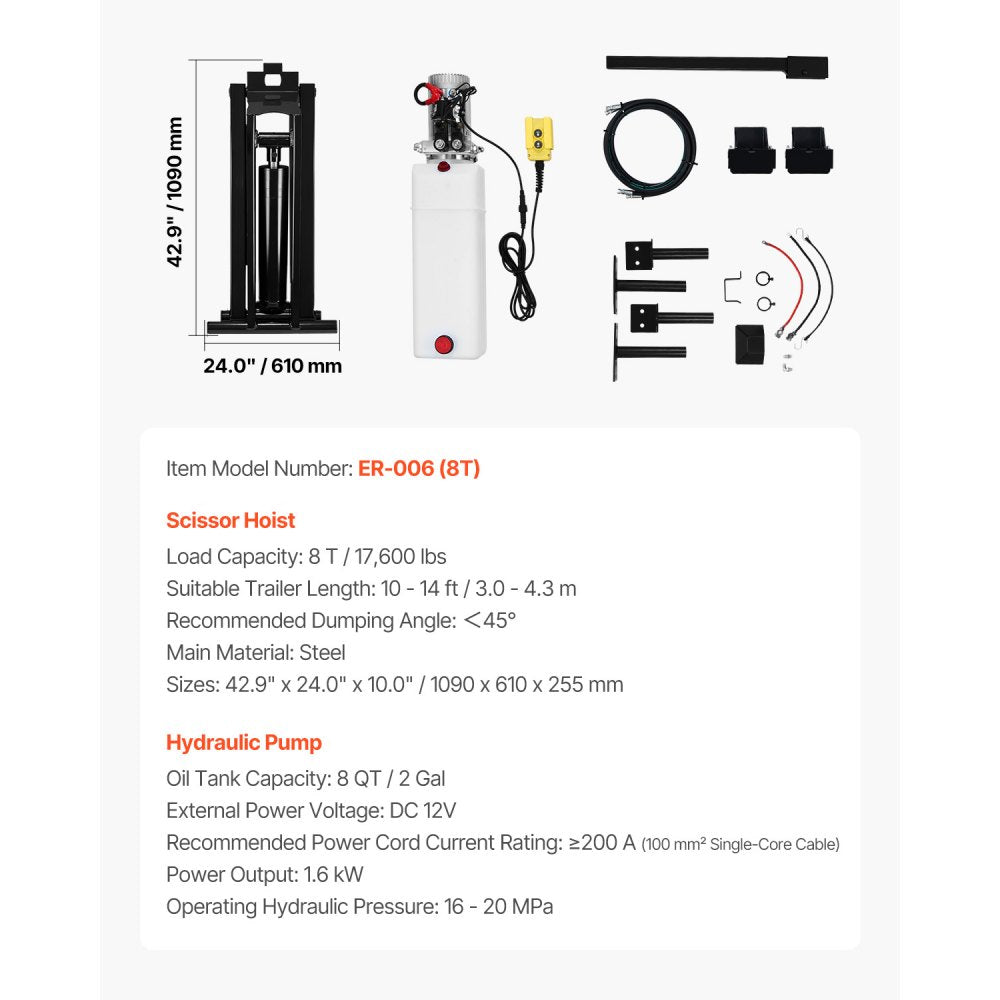 ER-006 (8T) - 8T Hydraulic Dump Hoist Kit for 10-14 ft Trucks