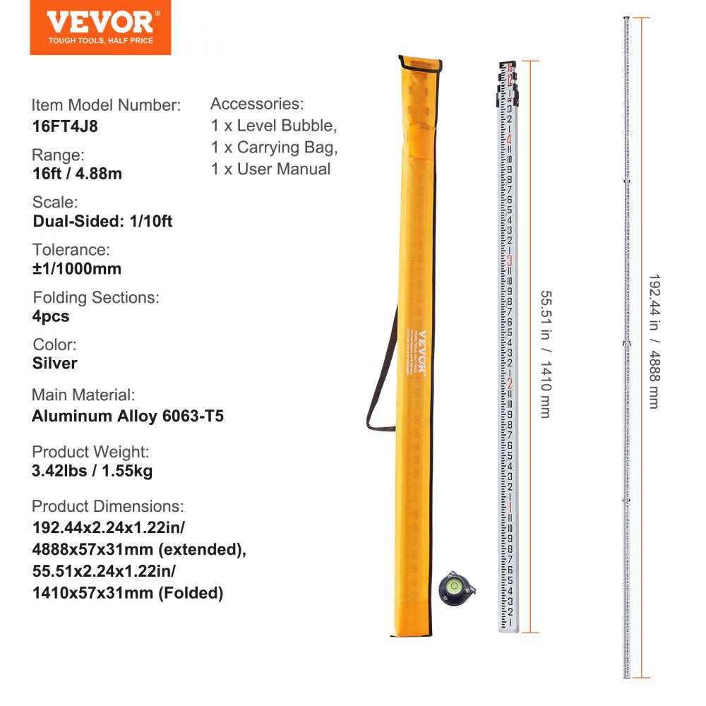 16FT4J8 - Durable 16ft Aluminum Measuring Rod with Dual-Sided Markings