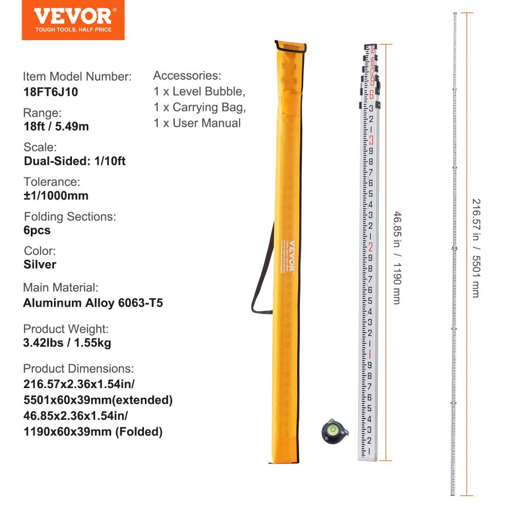18FT6J10 - Durable 18ft VEVOR Measuring Rod with Dual-Sided Scales