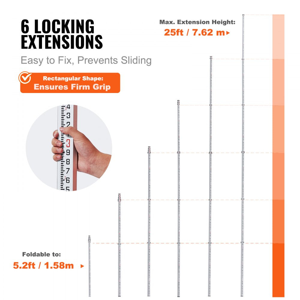 25FT6J10 - 25ft Telescopic VEVOR Measuring Rod with Dual Scales