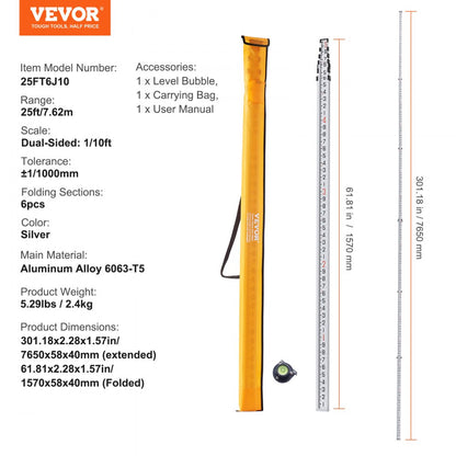 25FT6J10 - 25ft Telescopic VEVOR Measuring Rod with Dual Scales