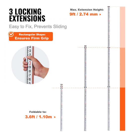 9FT3J10 - 9ft Precision Aluminum Grade Rod with Dual-Sided Scales