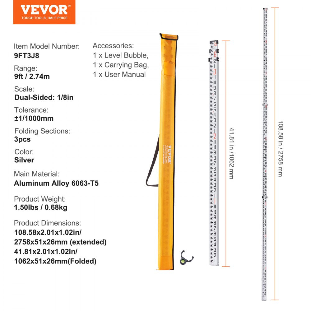 9FT3J8 - Durable 9ft Aluminum Rod with Dual-Sided Scales