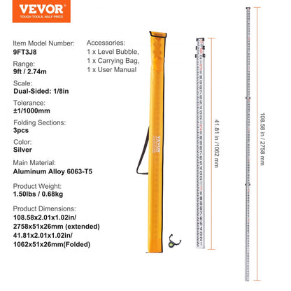 9FT3J8 - Durable 9ft Aluminum Rod with Dual-Sided Scales