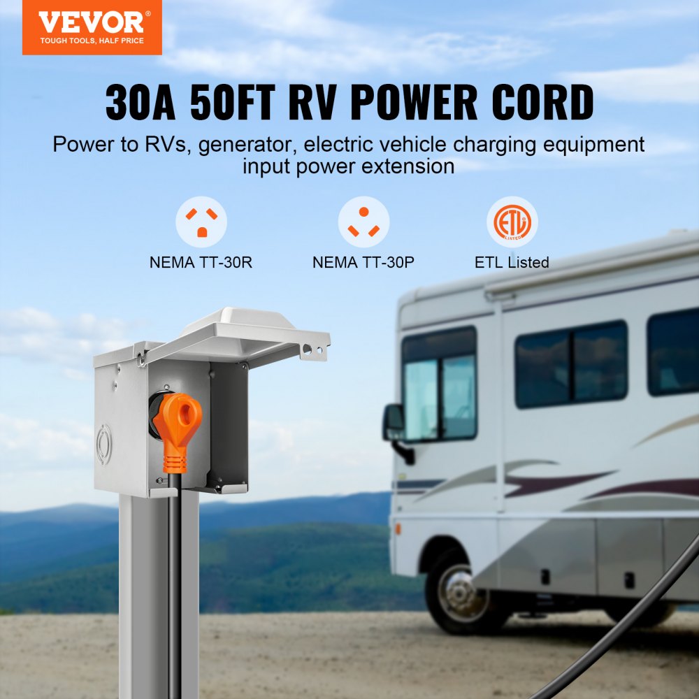 RVYCX-30A50FT - 50ft Heavy-Duty RV Power Cord, 30A NEMA TT-30R Connector