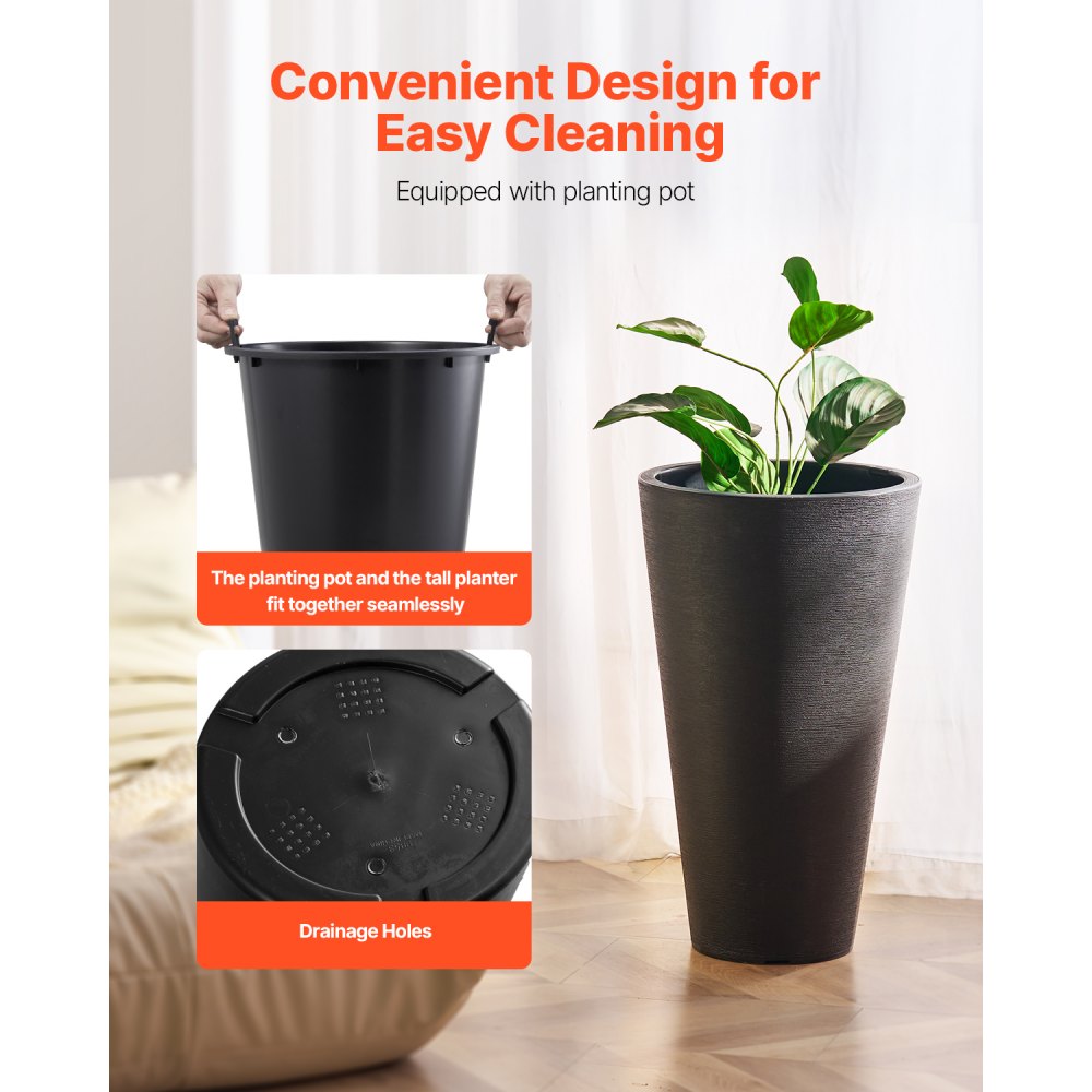 KD9953 - 24-Inch Black Tall Planter with Modern Design and Easy Handles