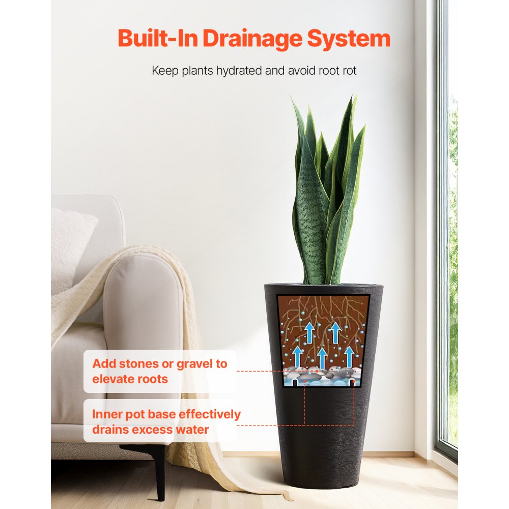 KD9953 - 24-Inch Black Tall Planter with Modern Design and Easy Handles