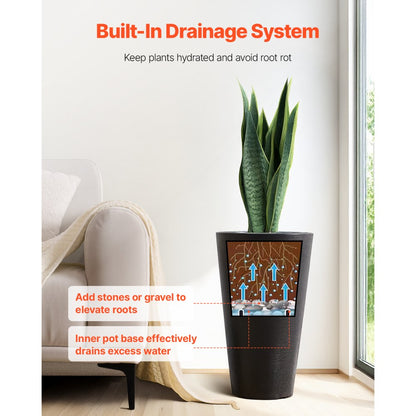 KD9953 - 24-Inch Black Tall Planter with Modern Design and Easy Handles