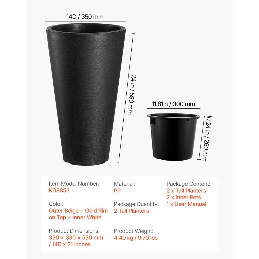 KD9953 - 24-Inch Black Tall Planter with Modern Design and Easy Handles