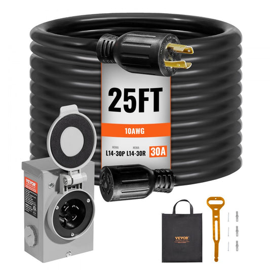 25FT 30 Amp Generator Cord & Inlet Box Kit Extension Cord NEMA L14-30P