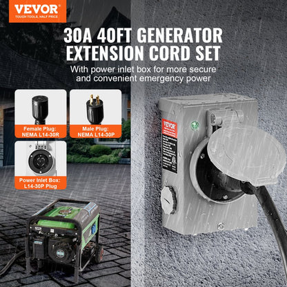 40FT 30 Amp Generator Cord & Inlet Box Kit NEMA L14-30P Extension Cord