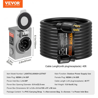 40FT 30 Amp Generator Cord & Inlet Box Kit NEMA L14-30P Extension Cord