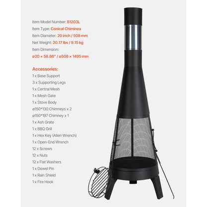 81203L - 20-Inch Outdoor Chiminea with Grill & Waterproof Cover