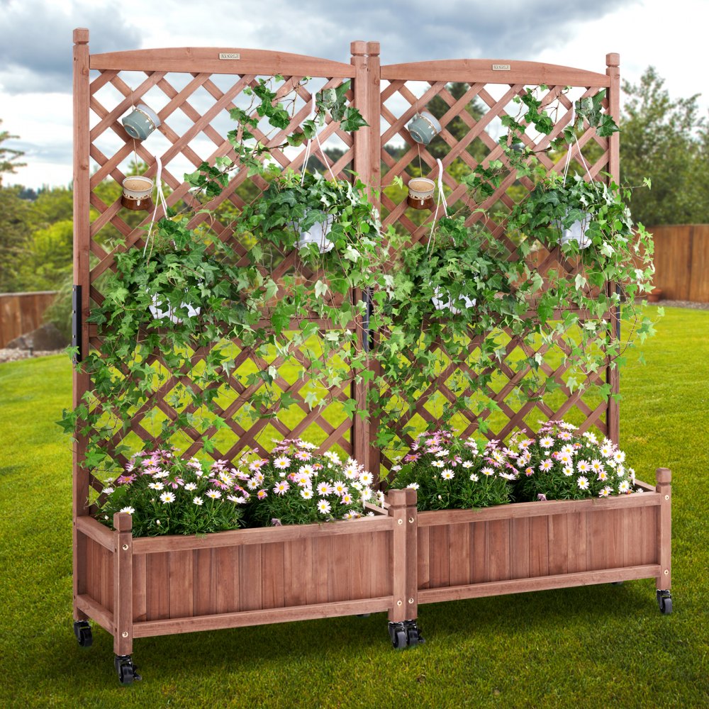 010579239752 - Durable 60"x13" Raised Garden Bed with Trellis for Climbing Plants