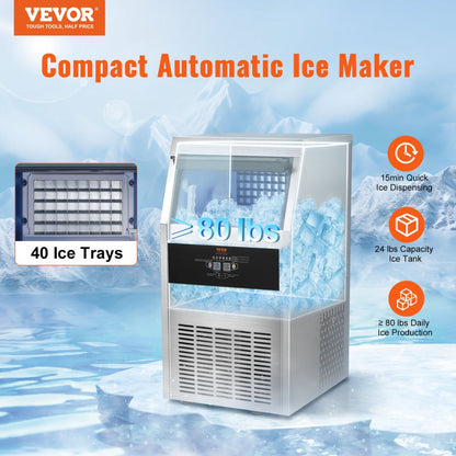010402905630 - VEVOR Ice Maker 110-120 lbs/Day, Stainless Steel, 33 lbs Capacity