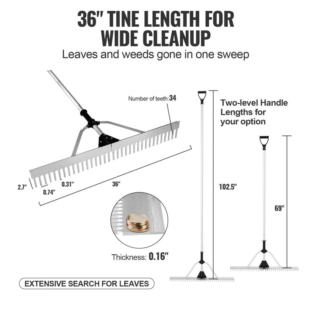 CY-SF14 - 36" Aluminum Landscape Rake with Adjustable Handle and Folding Head