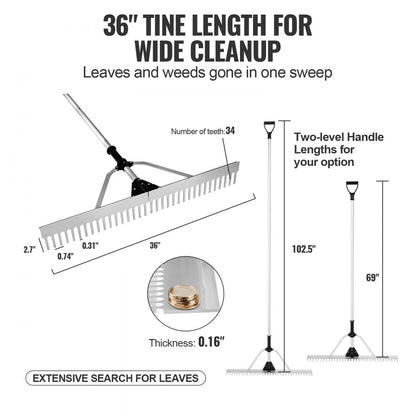 CY-SF14 - 36" Aluminum Landscape Rake with Adjustable Handle and Folding Head