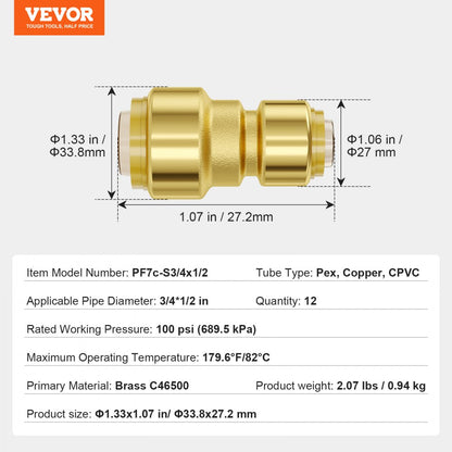 PF7c-S3/4x1/2 - Brass Push-Fit Pipe Fittings for Plumbing and Heating