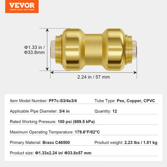 PF7c-S3/4x3/4 - 12PCS Lead-Free Brass Pipe Connectors, 3/4 in Push-Fit