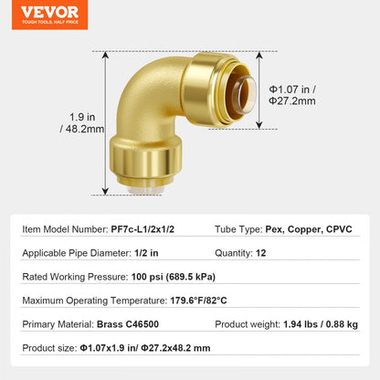 PF7c-L1/2x1/2 - 12PCS Lead-Free Brass Pipe Fittings for Plumbing Projects