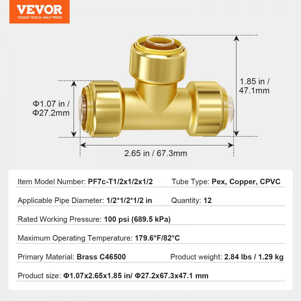 PF7c-T1/2x1/2x1/2 - 12PCS Lead-Free Brass Tee Fittings for Heating & Plumbing