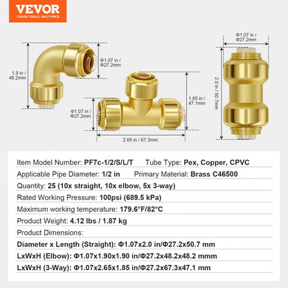 PF7c-1/2/S/L/T - Durable 1/2" Brass Pipe Fittings, 25-Piece Set