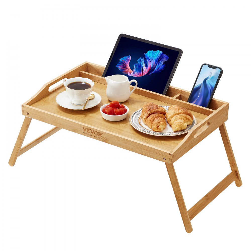 ZM-TP-SKU5 - Versatile Bamboo Bed Tray Table with Foldable Legs & Media Slots