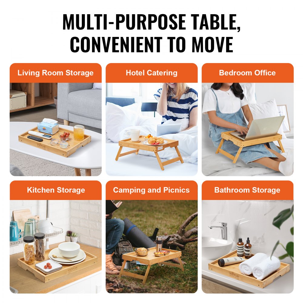 ZM-TP-SKU2 - VEVOR Bamboo Bed Tray Table with Lockable Legs and Device Holders