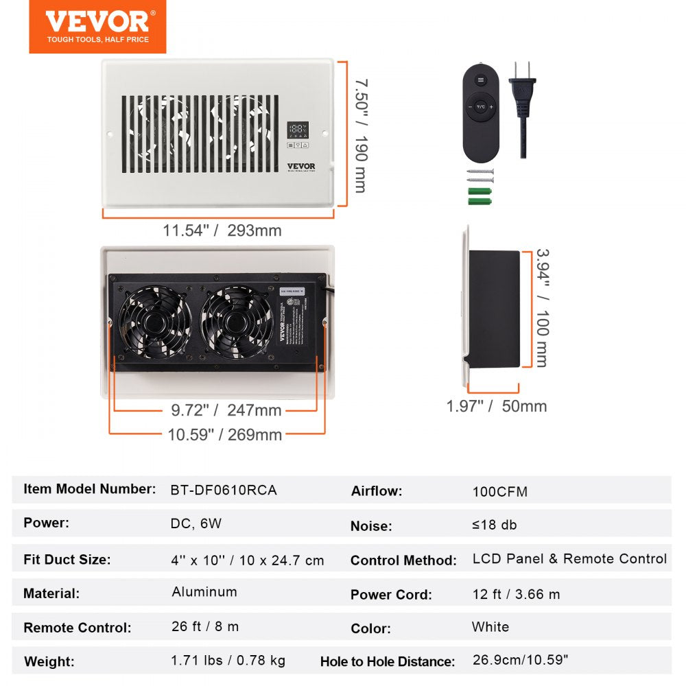BT-DF0610RCA - Quiet 6" x 10" Register Booster Fan, 100 CFM Airflow