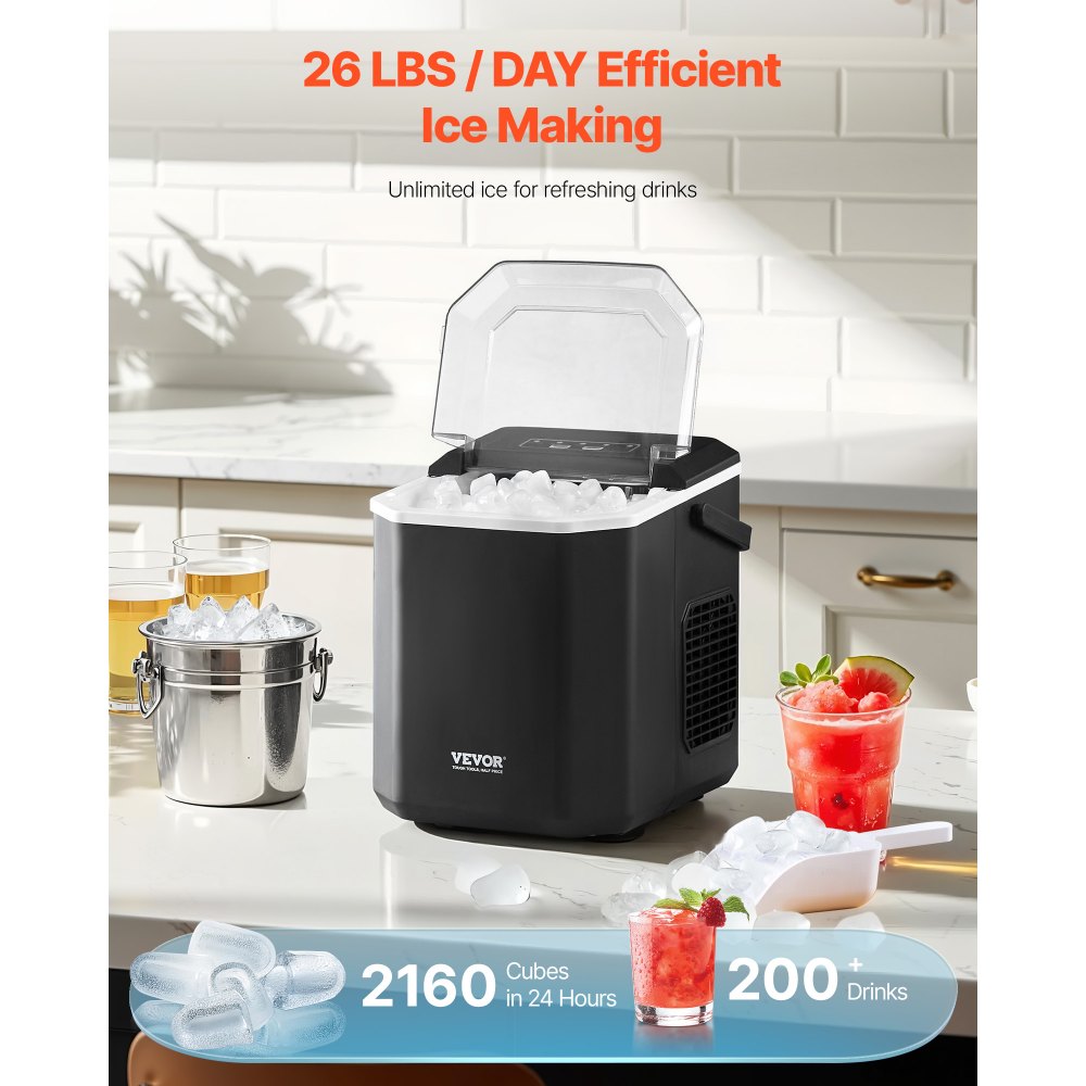 HZB-12/G - Portable Ice Maker Producing 26Lbs Daily, Self-Cleaning, Ideal for Parties