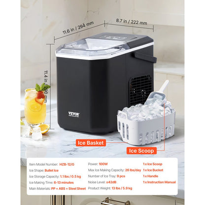 HZB-12/G - Portable Ice Maker Producing 26Lbs Daily, Self-Cleaning, Ideal for Parties
