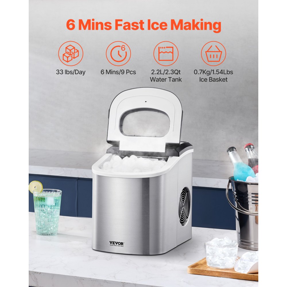 HZB-15SA - 33lbs/24h Portable Ice Maker with Self-Cleaning & Quick 6-Minute Cubes