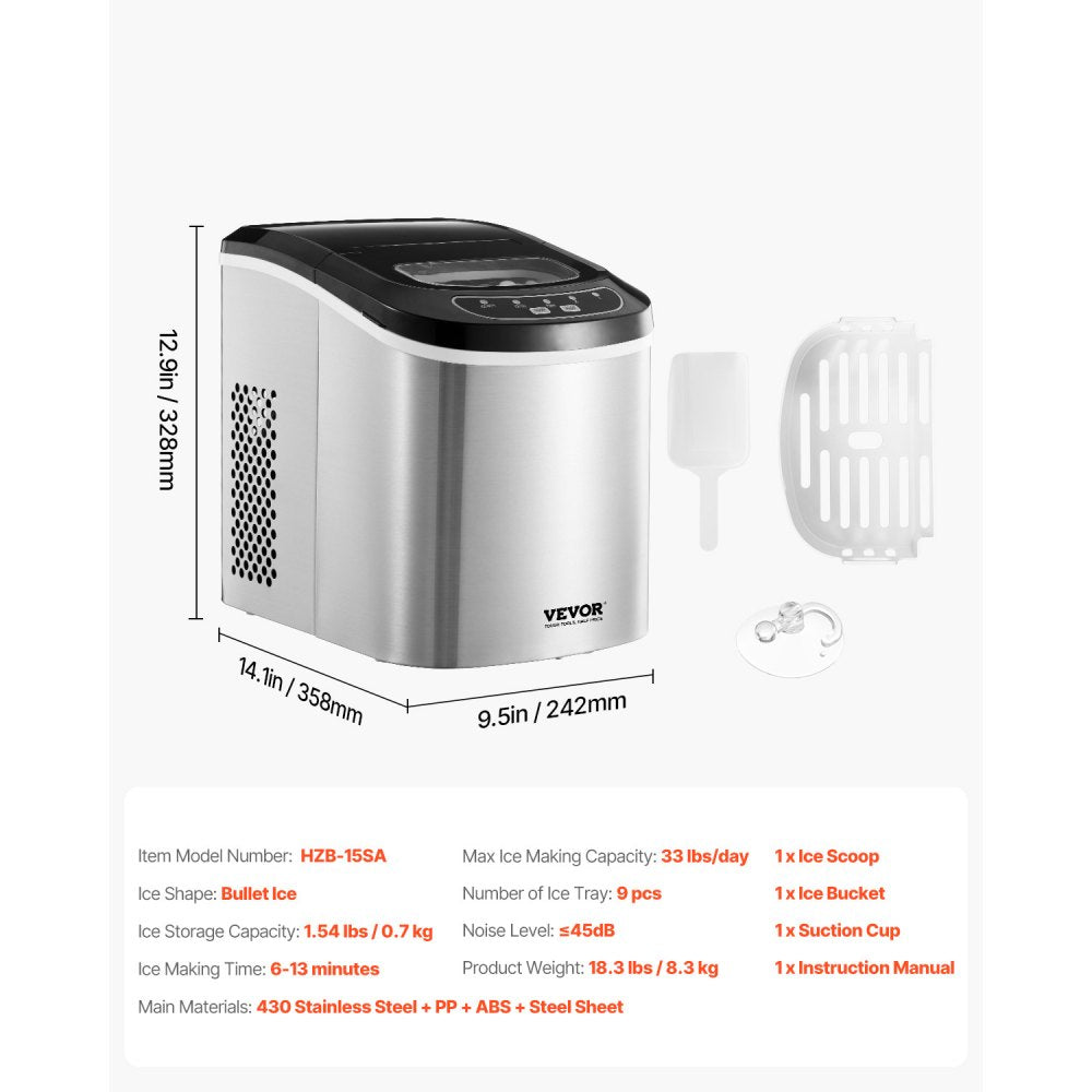 HZB-15SA - 33lbs/24h Portable Ice Maker with Self-Cleaning & Quick 6-Minute Cubes